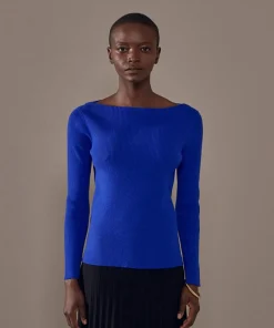 Femme Rodier Pull Ezia, col bateau côtelé bleu outremer