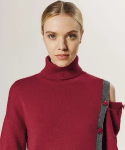 Femme Rodier Pull Fleurette 100% laine bicolore boutons rouge