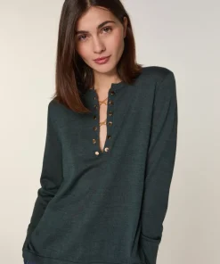 Clearance Rodier Pull Freyja 100% Laine chaine col V vert de gris