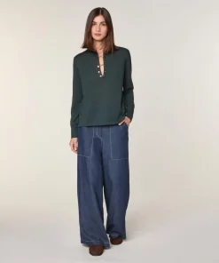 Clearance Rodier Pull Freyja 100% Laine chaine col V vert de gris