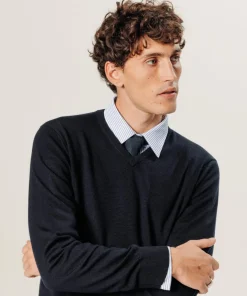 New Rodier Pull Gaspard 100% laine col V bleu nuit