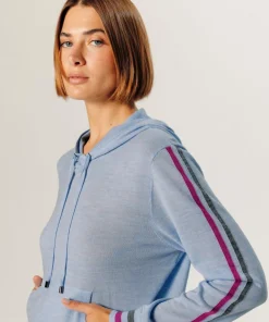 Femme Rodier Pull Jocelyne 100% laine capuche tricolore bleu ciel