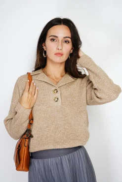 Femme Assuili Pull large en Cachemire mélangé col polo désert