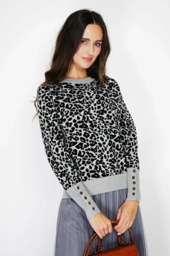 Outlet Assuili Pull large en Cachemire mélangé col rond léopard noir