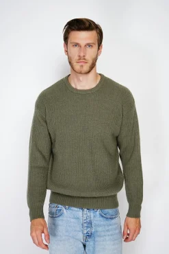 Homme C&Jo Pull large en Cachemire mélangé ras du cou à côtes kaki