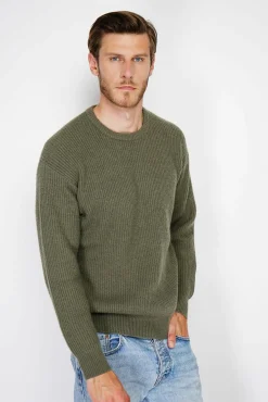 Homme C&Jo Pull large en Cachemire mélangé ras du cou à côtes kaki