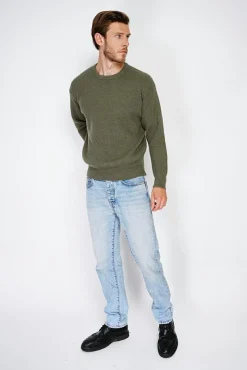 Homme C&Jo Pull large en Cachemire mélangé ras du cou à côtes kaki