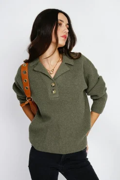 Femme Assuili Pull large en Cachemire mélangé col polo kaki