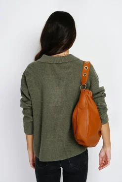 Femme Assuili Pull large en Cachemire mélangé col polo kaki