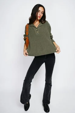 Femme Assuili Pull large en Cachemire mélangé col polo kaki