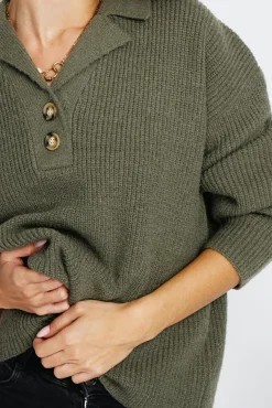 Femme Assuili Pull large en Cachemire mélangé col polo kaki