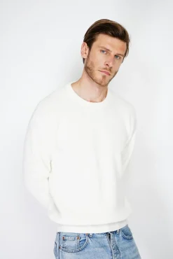 Homme C&Jo Pull large en Cachemire mélangé ras du cou à côtes naturel