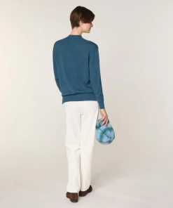 Clearance Rodier Pull Marie-Angèle 100% laine col montant Cotelé bleu denim