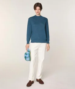 Clearance Rodier Pull Marie-Angèle 100% laine col montant Cotelé bleu denim