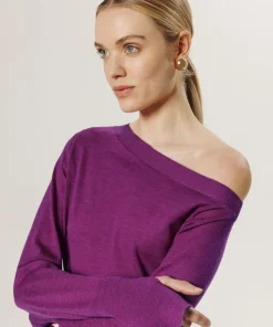 Femme Rodier Pull Mauricette 100% laine épaule nue asymétrique rose fuchsia