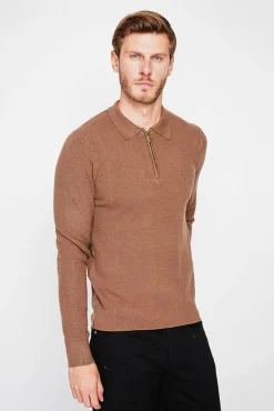 Homme C&Jo Pull polo demi zippé marron
