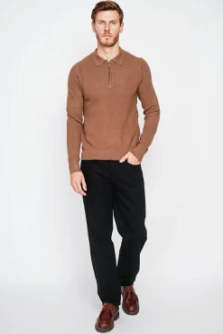 Homme C&Jo Pull polo demi zippé marron