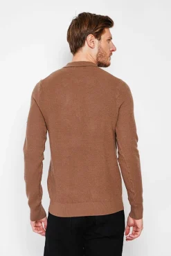 Homme C&Jo Pull polo demi zippé marron