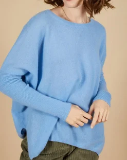 Femme Cashmere Tribu Pull poncho 100% Cachemire Alizée col rond bleu topaze
