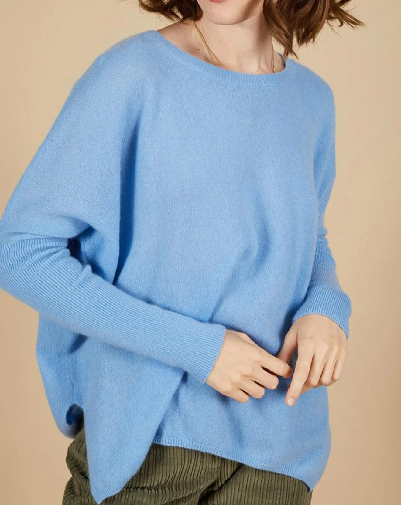 Femme Cashmere Tribu Pull poncho 100% Cachemire Alizée col rond bleu topaze