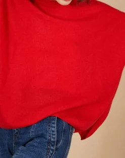 Outlet Cashmere Tribu Pull poncho 100% Cachemire Alizée col rond rouge carmen
