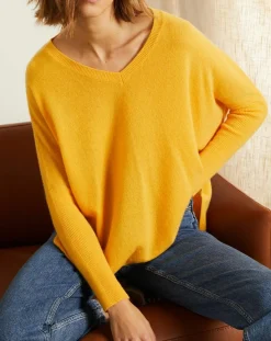 Hot Miss Cashmere Pull poncho 100% Cachemire Axelle Col V moutarde