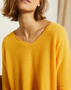 Hot Miss Cashmere Pull poncho 100% Cachemire Axelle Col V moutarde