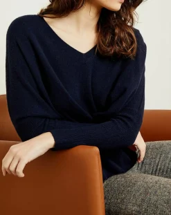 Femme Miss Cashmere Pull poncho 100% Cachemire Axelle Col V bleu marine