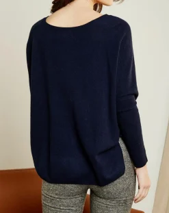 Femme Miss Cashmere Pull poncho 100% Cachemire Axelle Col V bleu marine