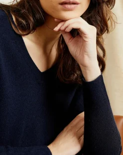 Femme Miss Cashmere Pull poncho 100% Cachemire Axelle Col V bleu marine