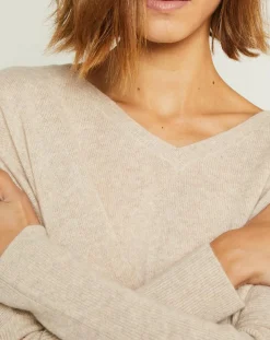 New Miss Cashmere Pull poncho 100% Cachemire Axelle Col V beige chiné