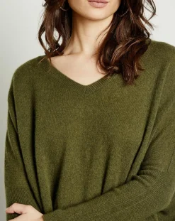 Best Miss Cashmere Pull poncho 100% Cachemire Axelle Col V kaki