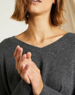 Miss Cashmere Pull poncho 100% Cachemire Axelle Col V gris chiné foncé