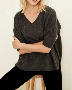 Discount Uverny Pull poncho 100% Cachemire col V Sevilla gris chiné foncé