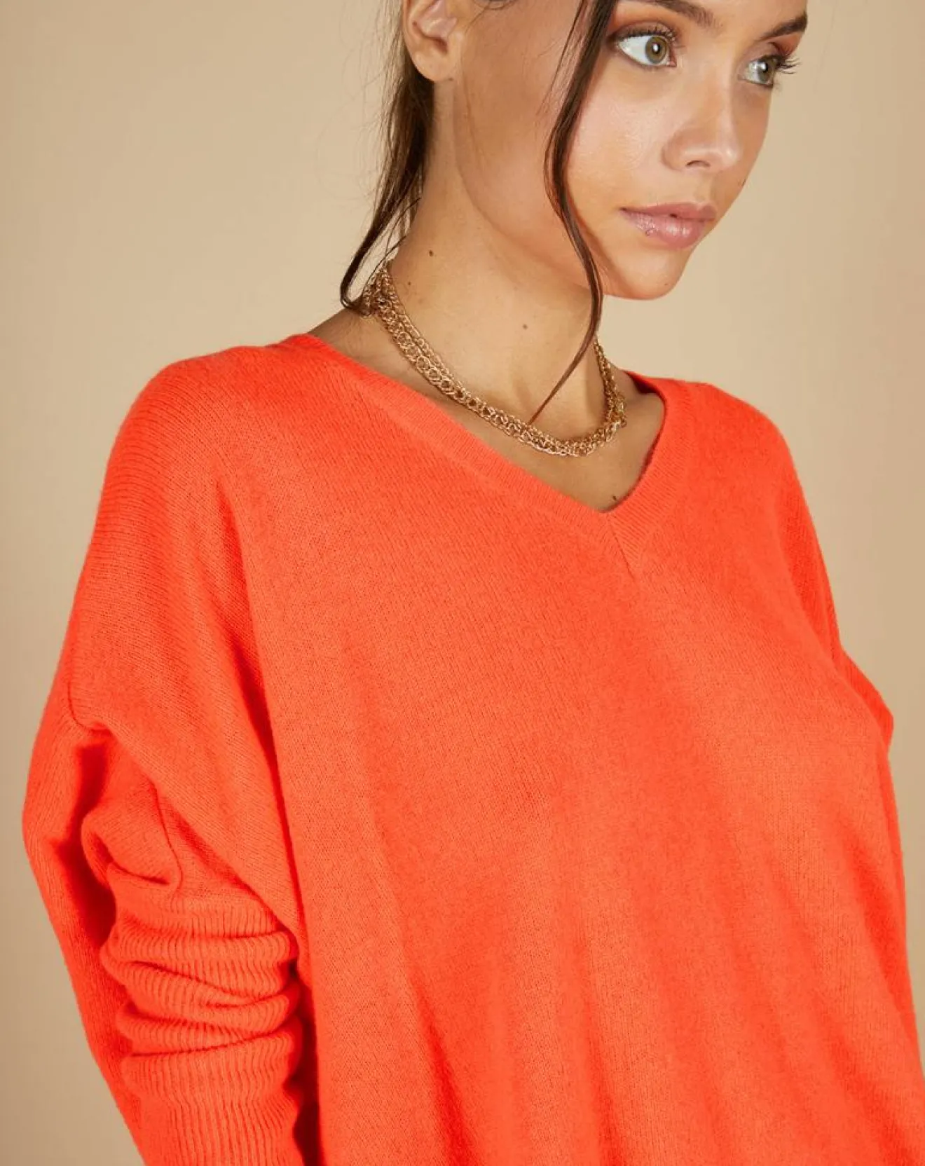 Femme Cashmere Tribu Pull poncho 100% Cachemire Emma col V corail fluo