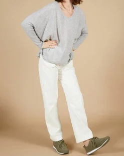 Femme Cashmere Tribu Pull poncho 100% Cachemire Emma col V gris chiné clair