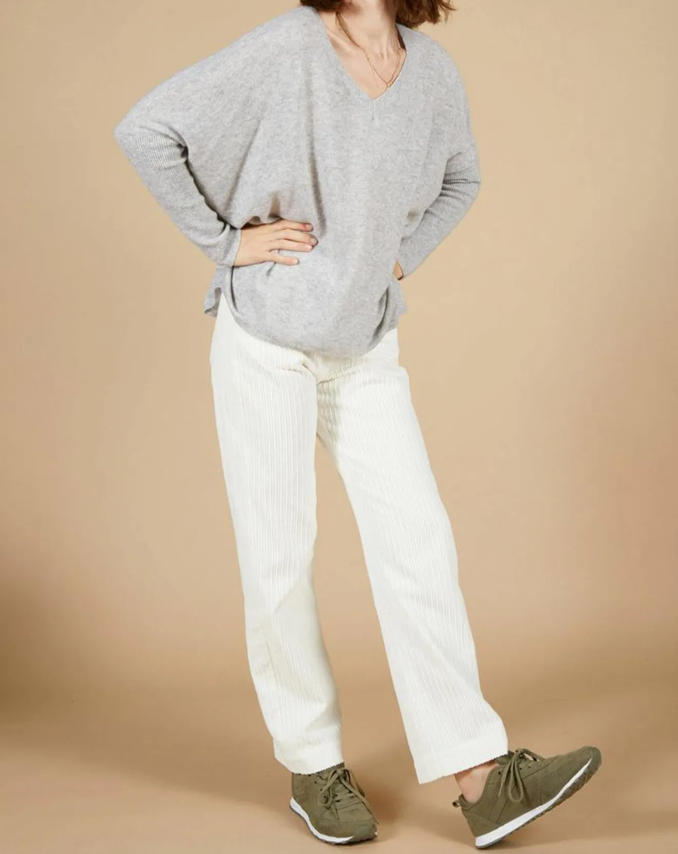 Femme Cashmere Tribu Pull poncho 100% Cachemire Emma col V gris chiné clair