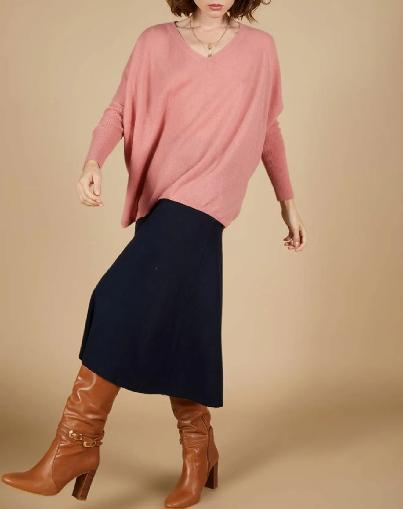 New Cashmere Tribu Pull poncho 100% Cachemire Emma col V bois de rose