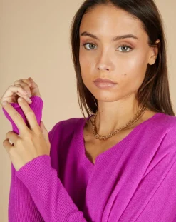 Sale Cashmere Tribu Pull poncho 100% Cachemire Emma col V violet fluo