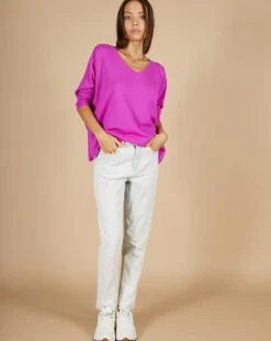 Sale Cashmere Tribu Pull poncho 100% Cachemire Emma col V violet fluo
