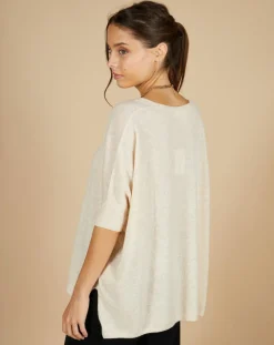 Femme Cashmere Tribu Pull poncho 100% Cachemire Kelly col V manches courtes beige chiné