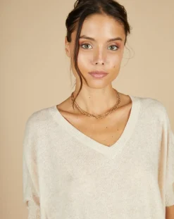 Femme Cashmere Tribu Pull poncho 100% Cachemire Kelly col V manches courtes beige chiné