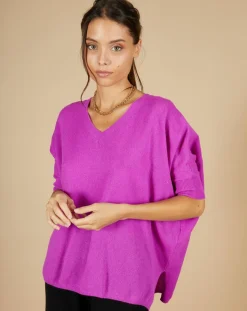 Femme Cashmere Tribu Pull poncho 100% Cachemire Kelly col V manches courtes violet fluo