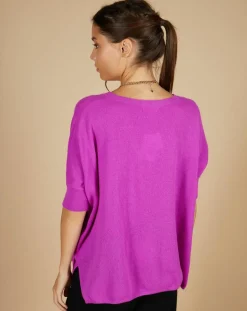 Femme Cashmere Tribu Pull poncho 100% Cachemire Kelly col V manches courtes violet fluo