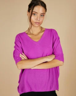 Femme Cashmere Tribu Pull poncho 100% Cachemire Kelly col V manches courtes violet fluo
