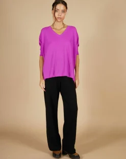 Femme Cashmere Tribu Pull poncho 100% Cachemire Kelly col V manches courtes violet fluo