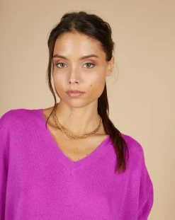 Femme Cashmere Tribu Pull poncho 100% Cachemire Kelly col V manches courtes violet fluo