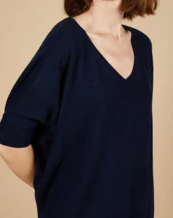 Sale Cashmere Tribu Pull poncho 100% Cachemire Kelly col V manches courtes bleu nuit