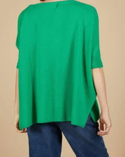 Cashmere Tribu Pull poncho 100% Cachemire Kelly col V manches courtes émeraude