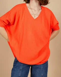 Femme Cashmere Tribu Pull poncho 100% Cachemire Kelly col V manches courtes corail fluo